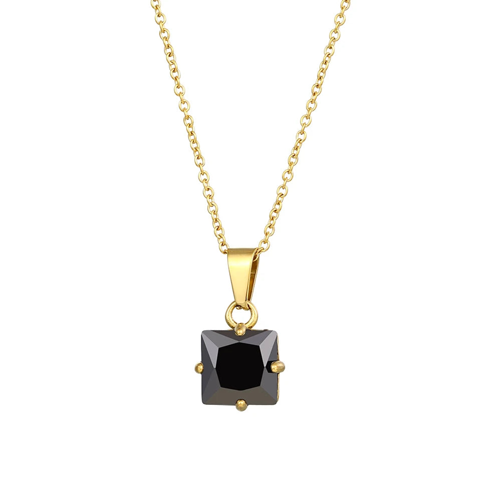 E.B. Belle Minimal AAA Clear Black CZ Praça Pingente Colares para Mulheres, Aço Inoxidável, Ouro 18k, Jóias Femininas, Colar de Cristal