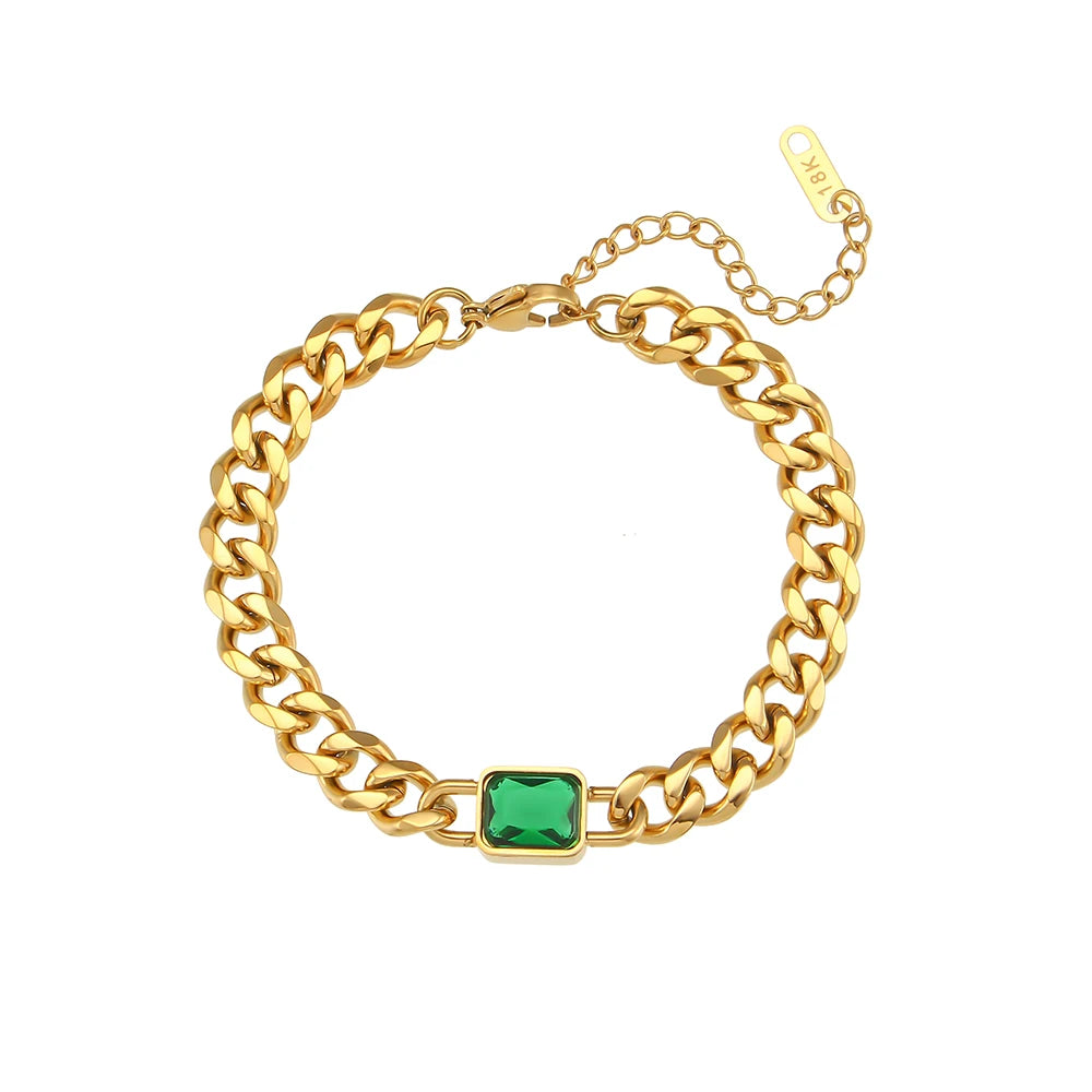 E.B. Pulseira Cubic Zirconia Belle-Square para Mulheres, Corrente Cubana de Aço Banhado a Ouro 18K, Pulseiras Pretas, Branco, Verde, Pedra Vermelha