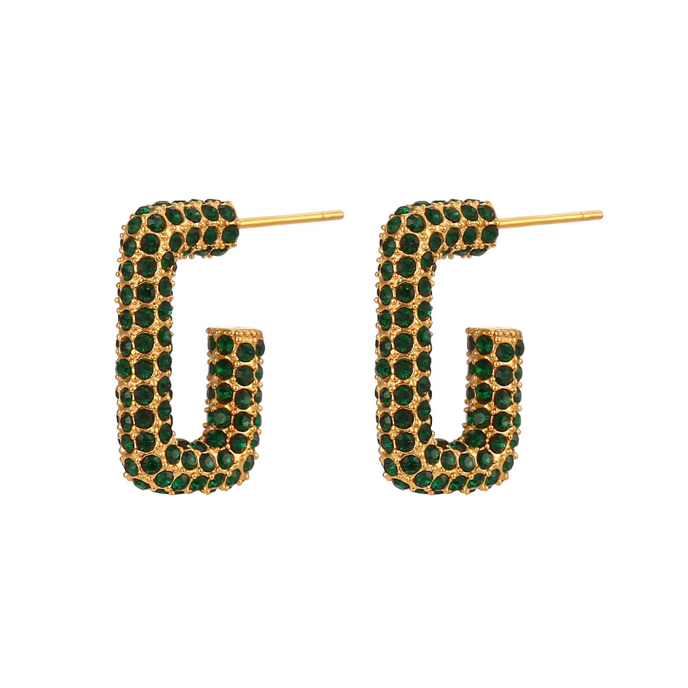 E.B. Belle-Rhinestone G Shape Stud Brincos, Jóias Brilhantes, Brinco de Aço Inoxidável, Verde, Preto, Cor Clara, Luxo, Festa, Casamento