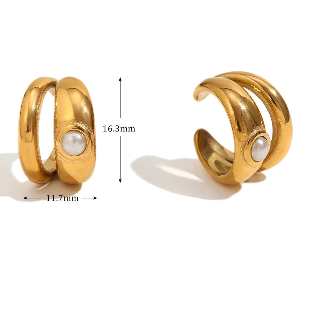 Ebbelle imitação de pérola dupla camada clipe de orelha aço inoxidável 18k banhado a ouro estilo minimalista joias femininas para festa diária