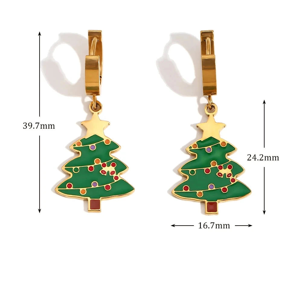 Ebbelle Brinco com pingente de árvore de Natal, pingente fofo de aço inoxidável 316L banhado a ouro 18K feminino festival planta charme à prova d'água