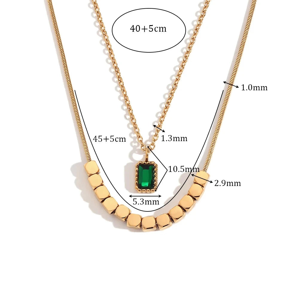 Ebbelle quadrado grânulo verde strass pingente colar de dupla camada 18k banhado a ouro decoração 316l jóias de aço inoxidável