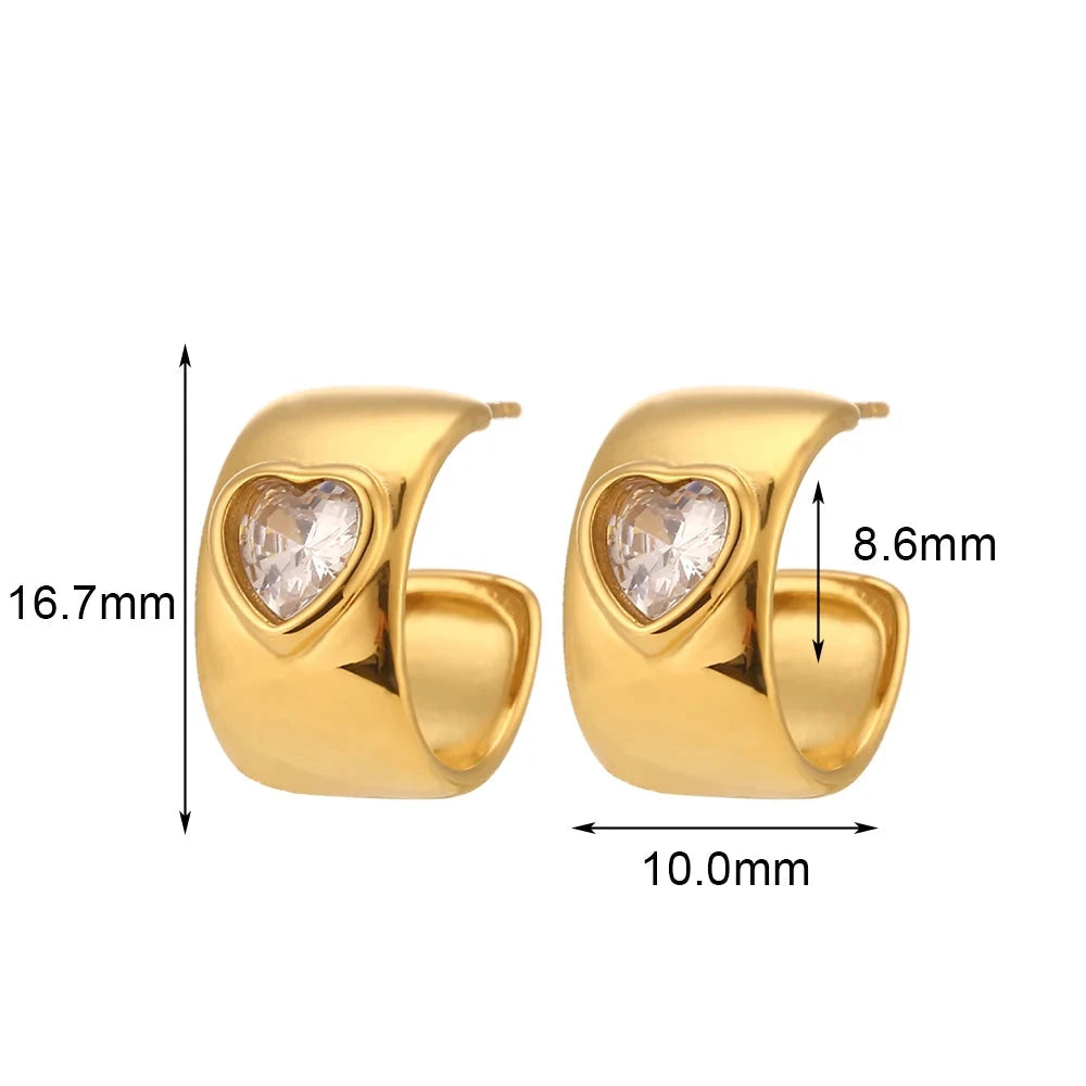 Ebbelle Brincos de argola grossos em forma de coração com pedra de zircônia cúbica para meninas 17 mm de largura banhado a ouro joias de aço inoxidável