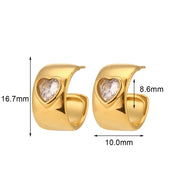 Ebbelle Brincos de argola grossos em forma de coração com pedra de zircônia cúbica para meninas 17 mm de largura banhado a ouro joias de aço inoxidável