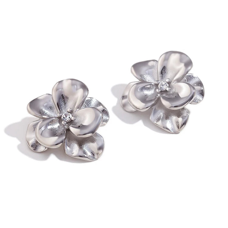 E.B. Belle-Double Layer Flower Earrings, Jóias Banhadas a Ouro 18K, Resistente à Água, Aço Inoxidável 316L, Acessórios Retro