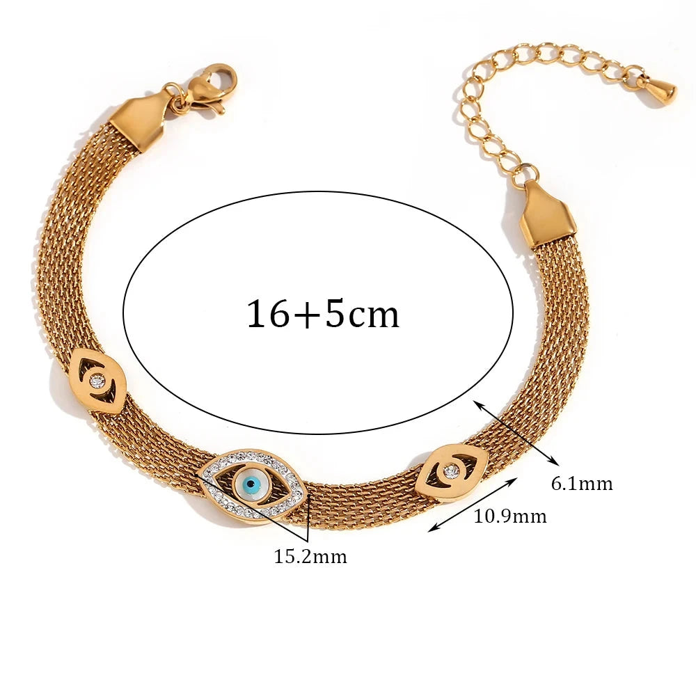 Ebbelle Pulseira de corrente de malha tecida com três olhos strass à prova d'água aço inoxidável 316L pulseiras de mão femininas banhadas a ouro 18K