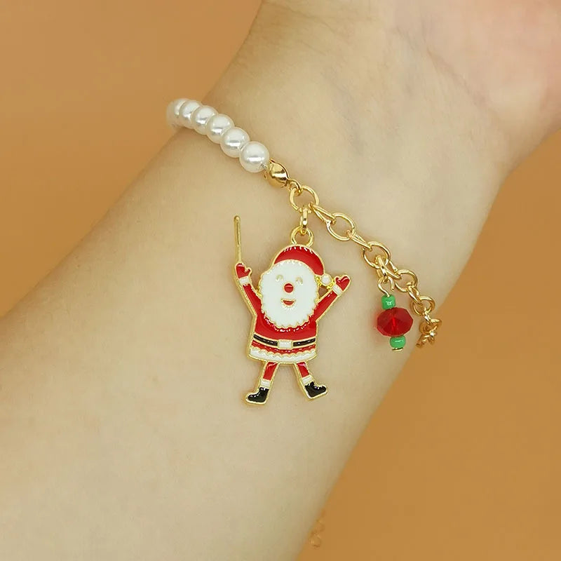 Natal Imitação Pérola Pingente Pulseira para Mulheres, Papai Noel, Boneco de Neve, Charme Pulseira, Ano Novo, Natal Jóias Presentes