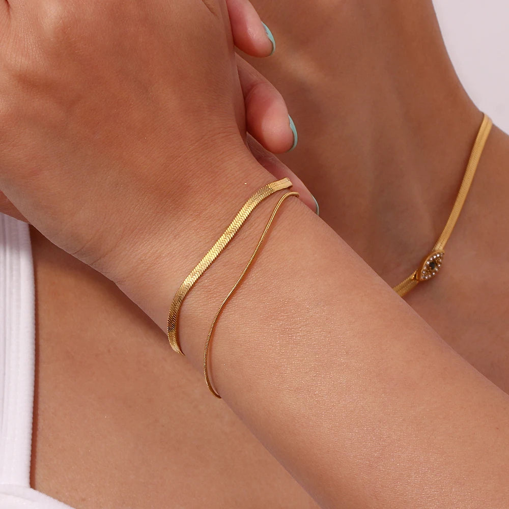 E.B. Pulseiras Banhadas a Ouro Minimalistas de Barriga para Mulheres, Corrente de Cobra Espinha, Camadas Duplas, Jóias Básicas, Aço Inoxidável