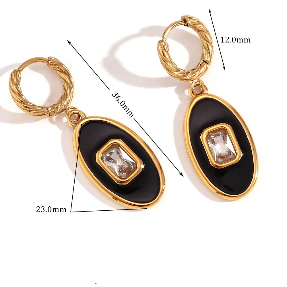 E.B. Belle-Square Broca Esmalte Oval Brincos para Mulheres, Jóias Banhadas a Ouro 18K, Decoração em Aço Inoxidável 316L, Impermeável