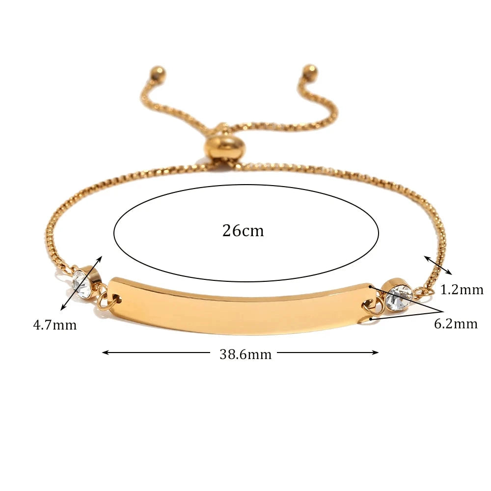 Ebbelle brilhante placa de identificação em branco zircão pulseira ajustável corrente para mulheres moda jóias aço inoxidável 18k banhado a ouro