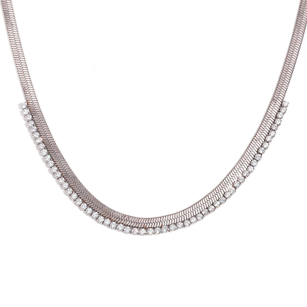 E.B. Belle-AAA Cubic Zirconia Herringbone Cadeia Gargantilha para Mulheres, Colar de Aço Inoxidável, Colares Banhados a Ouro, Última Corrente