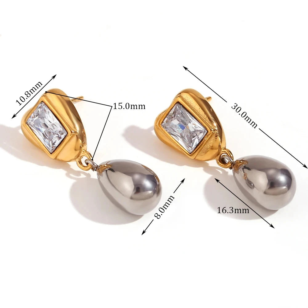 Bicolor Geometric Zircon Drop Stitching Brincos para Mulheres, Banhado a Ouro 18K, Forma Quadrada, Aço Inoxidável 316L, Cor Vermelha