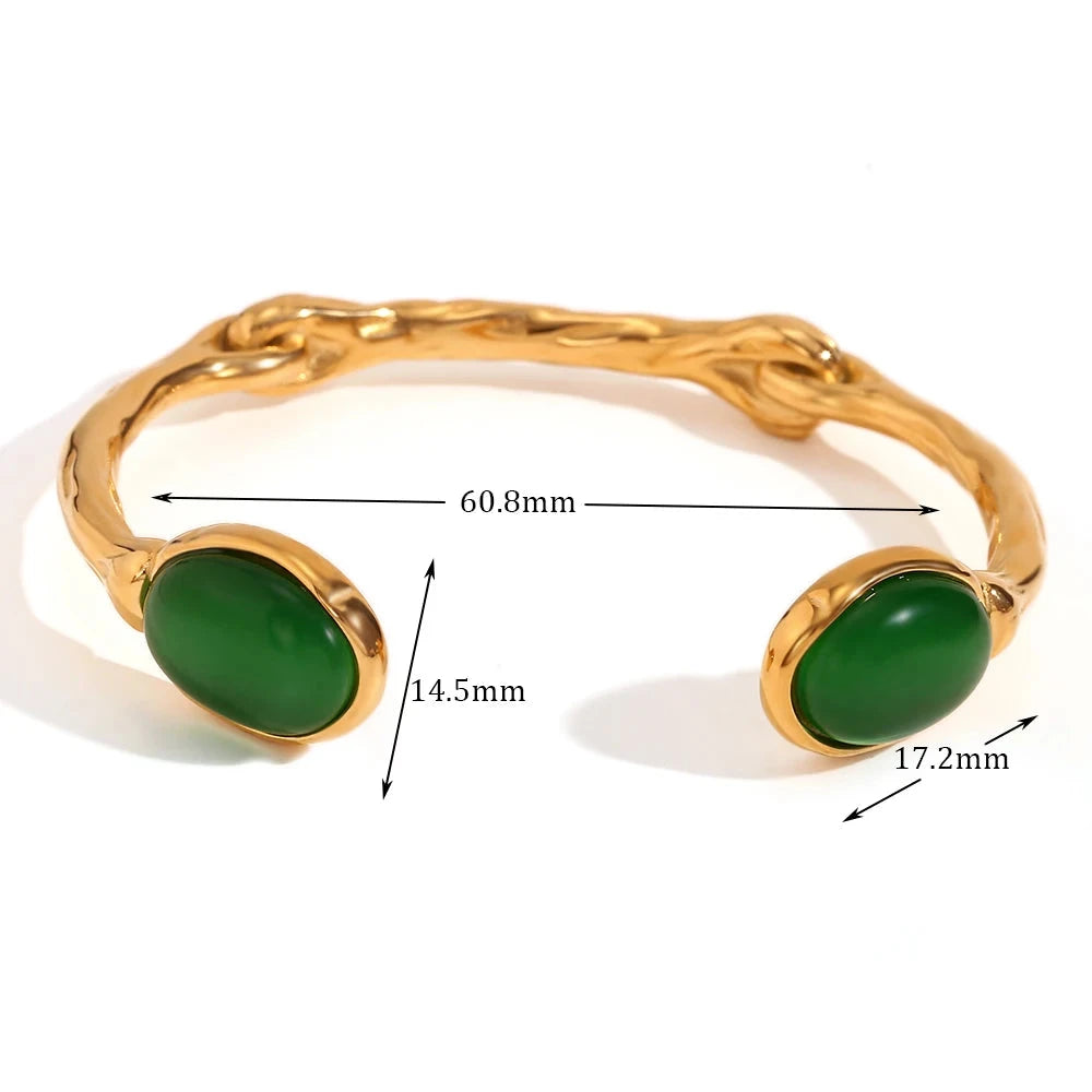 E.B. Belle-Pulseira de Pedra Natural para Mulher, Banhado a Ouro 18K, Aço Inoxidável, Aberta, Irregular, Ágata Verde, Cristal, Oval