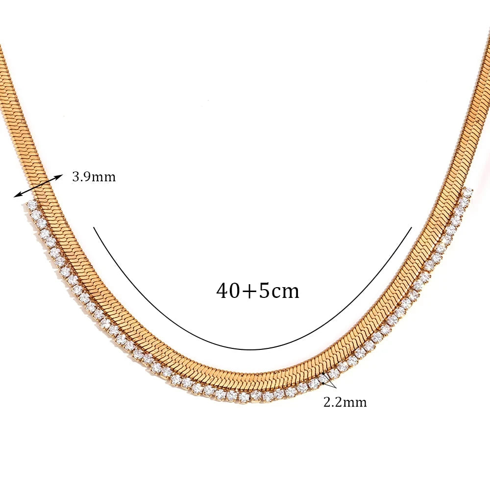 E.B. Belle-AAA Cubic Zirconia Herringbone Cadeia Gargantilha para Mulheres, Colar de Aço Inoxidável, Colares Banhados a Ouro, Última Corrente