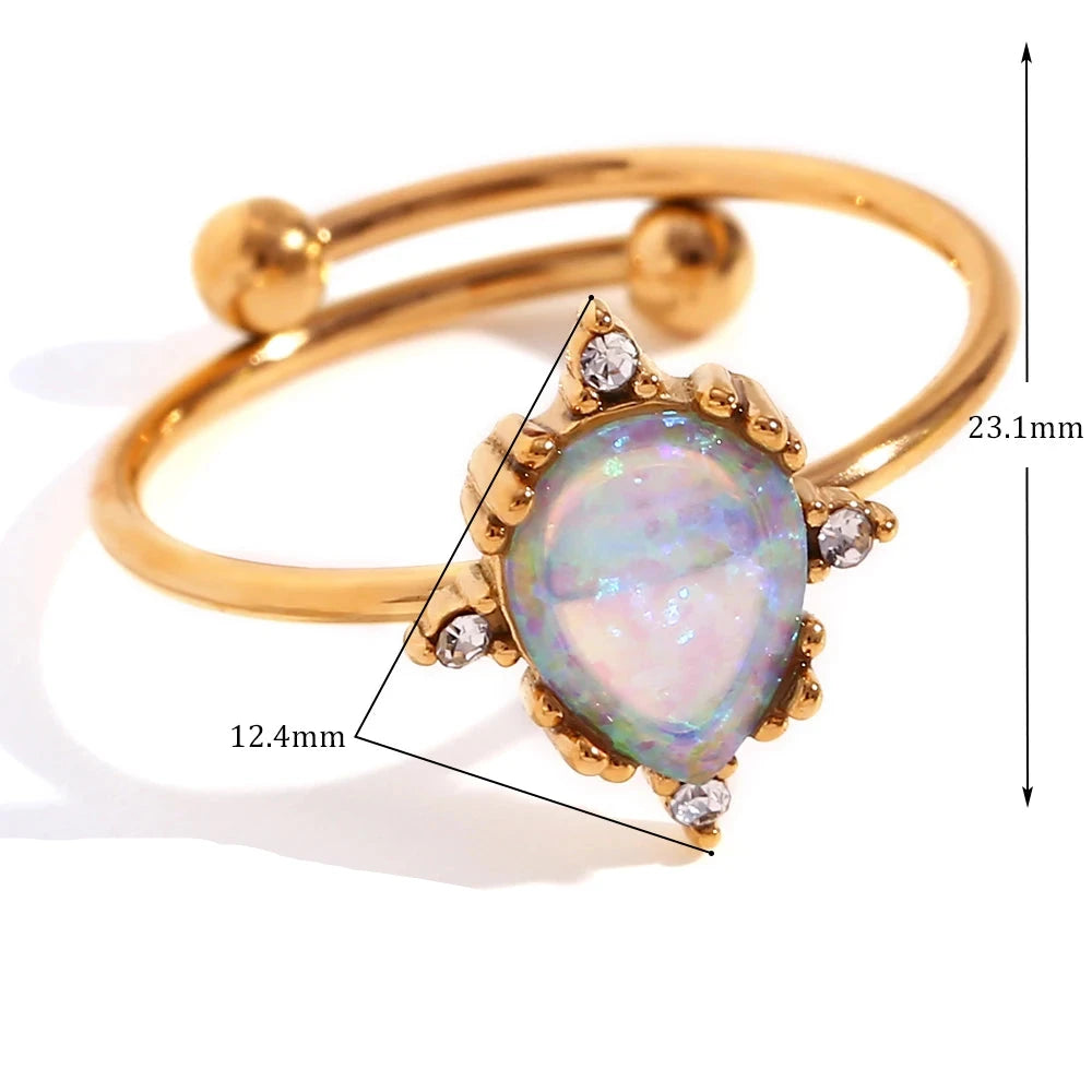 E.B. Belle-Natural Opal Stone Rings para Mulheres, Círculo Ajustável, Coração, Sol, Waterdrop, Aço Inoxidável, Chapeamento PVD, Pedras Preciosas