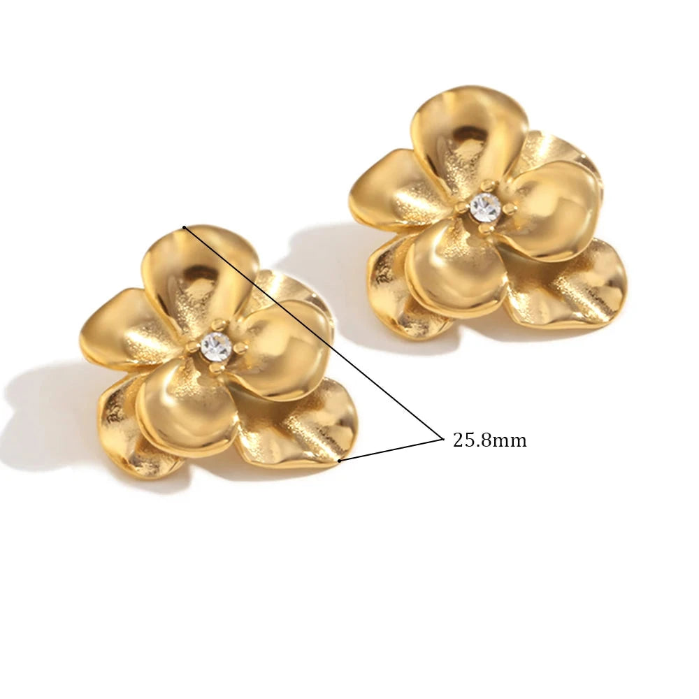 E.B. Belle-Double Layer Flower Earrings, Jóias Banhadas a Ouro 18K, Resistente à Água, Aço Inoxidável 316L, Acessórios Retro