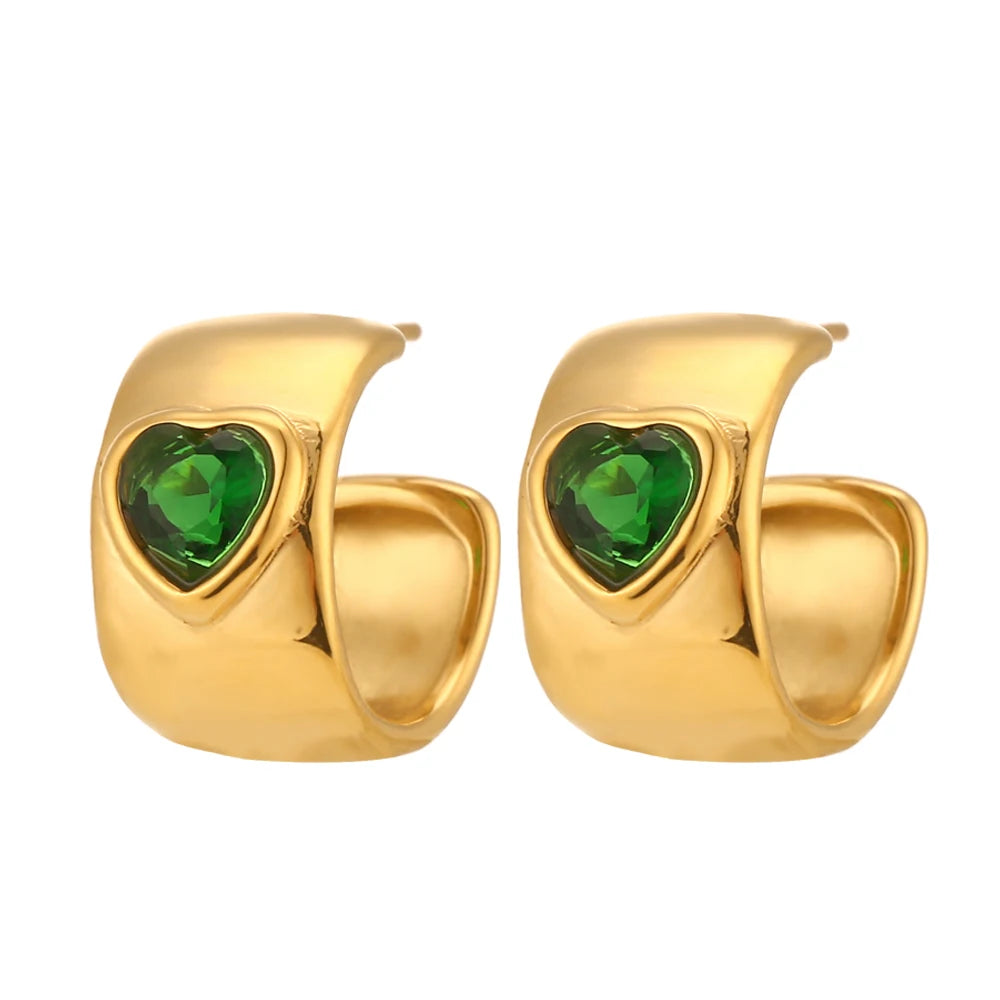 Ebbelle Brincos de argola grossos em forma de coração com pedra de zircônia cúbica para meninas 17 mm de largura banhado a ouro joias de aço inoxidável