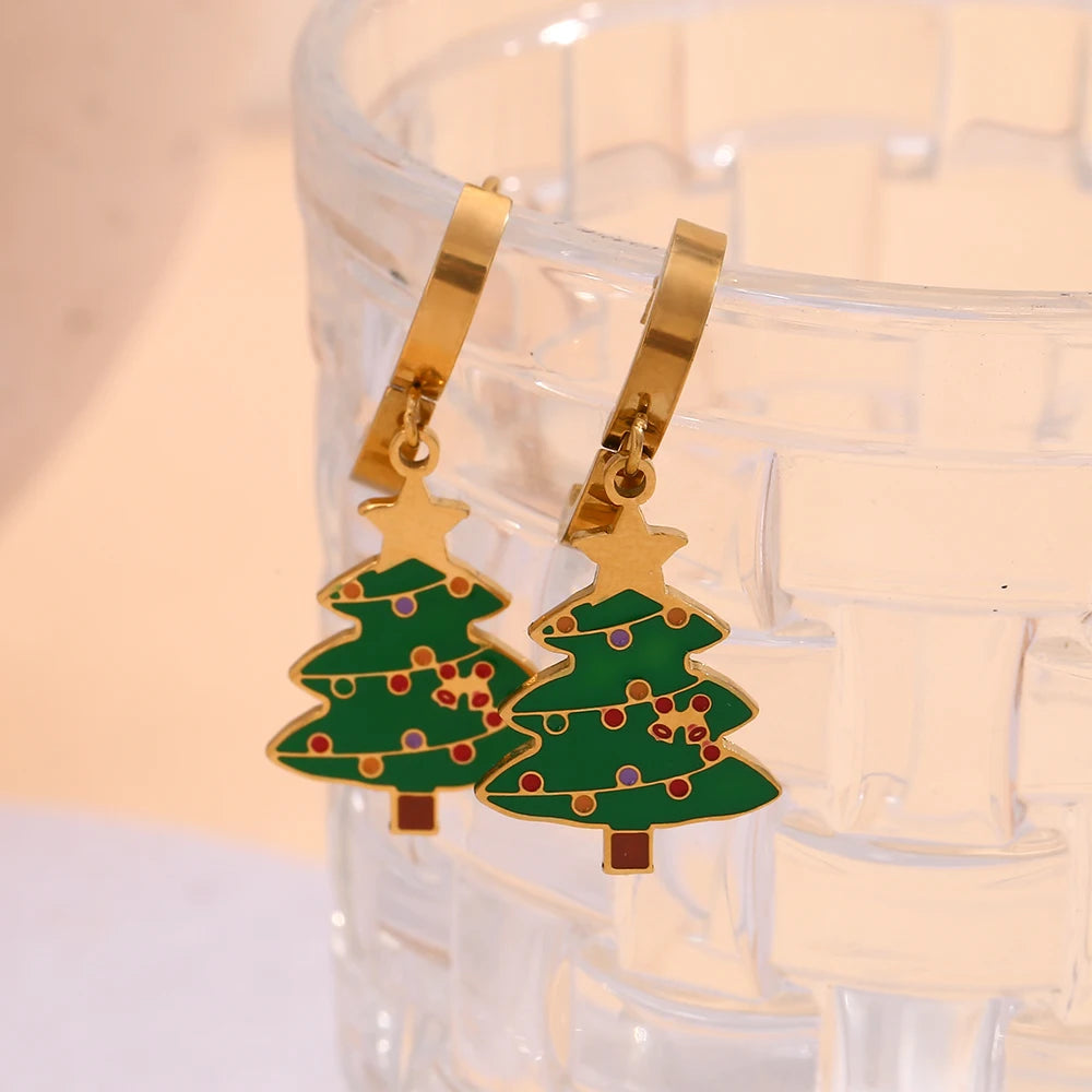 Ebbelle Brinco com pingente de árvore de Natal, pingente fofo de aço inoxidável 316L banhado a ouro 18K feminino festival planta charme à prova d'água