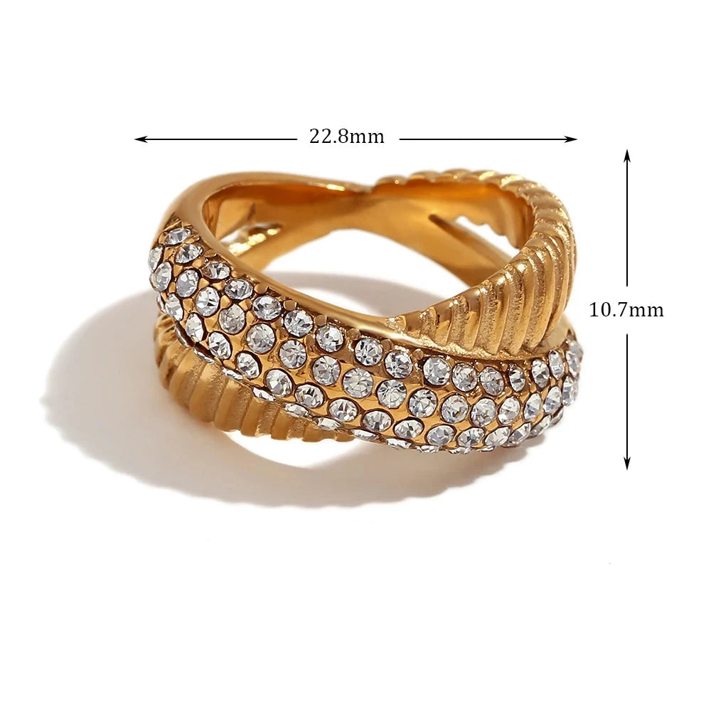 E.B. Belle-Cruz Diagonal Striped Rhinestone Anel, impermeável banhado a ouro 18k Jóias, Cor Prata, 316L Decoração em Aço Inoxidável