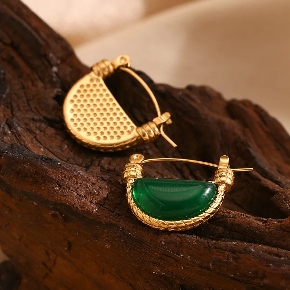 Ebbelle Brinco de pedra de ágata verde meio redondo em aço inoxidável banhado a ouro 18K estilo vintage joias femininas hipoalergênicas