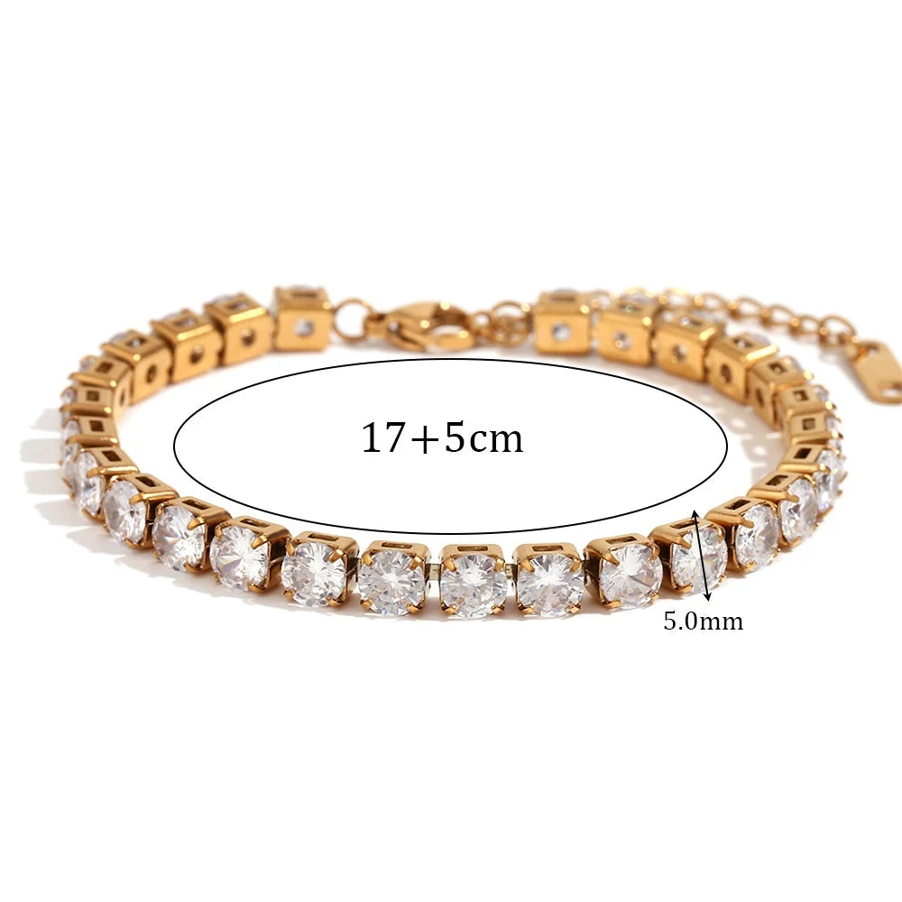 E.B. Pulseira Corrente Zircão-Barriga para Mulheres, Jóias Banhadas a Ouro 18K, Impermeável, Sem Tarnish, Aço Inoxidável 316L, Pulseiras Manuais