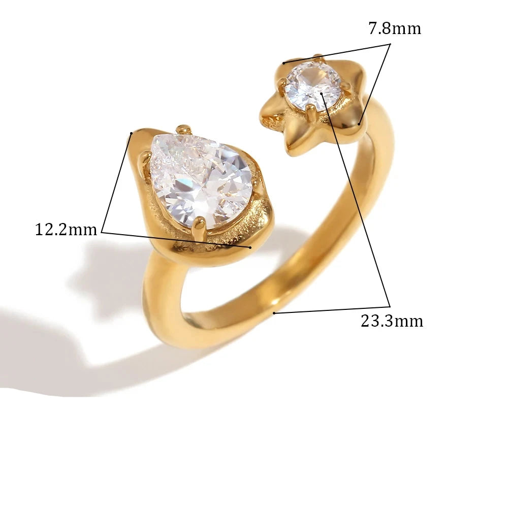 E.B. Belle-Asymmetric Opening Water Gotículas Stars Zircon Ring para mulheres, anéis banhados a ouro 18k, acessórios de aço inoxidável 316L