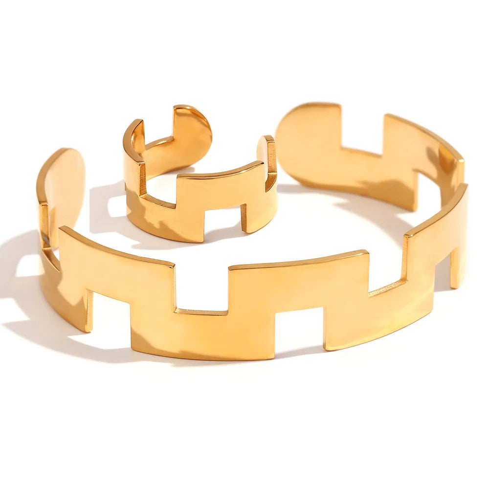 18K Gold Plated Ajustável Puzzle Cuff Bangles para As Mulheres, Pulseiras, Anéis de Dedo, Conjunto de Jóias, Hipoalergênico, Aço Inoxidável Feito