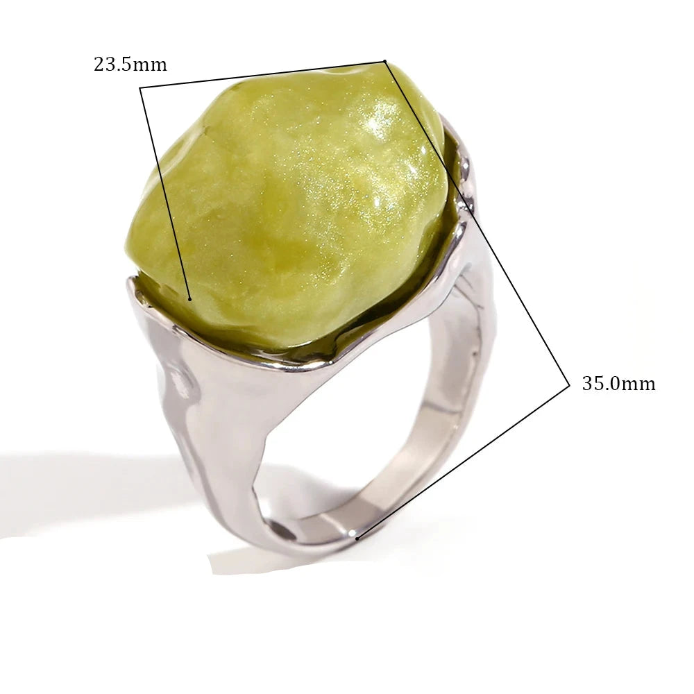 Shiny Acrylic Alien Main Stone Ring para mulheres, resistente à água, anéis banhados a ouro 18k, aço inoxidável 316L, acessórios vintage