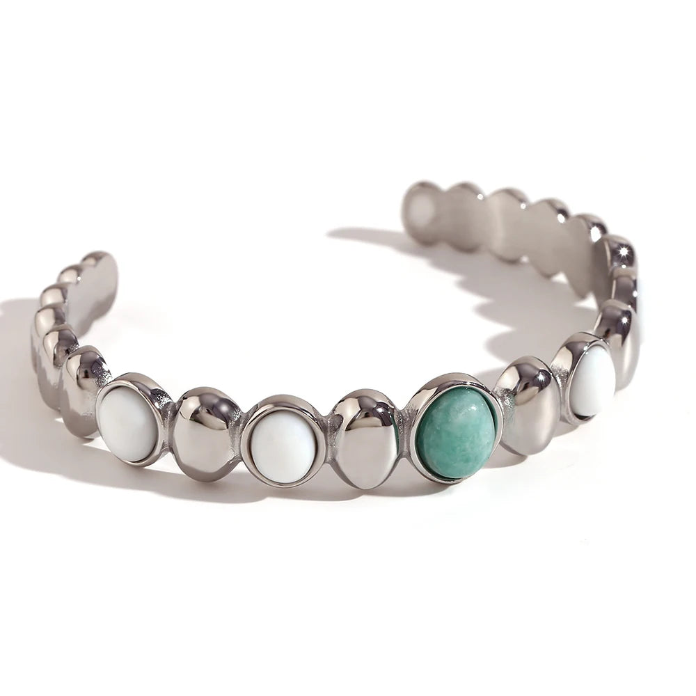 E.B. Belle-Oval Jade Open Bracelet, pulseiras impermeáveis para mulheres, jóias banhado a ouro 18k, cor prata, pulseira de aço inoxidável