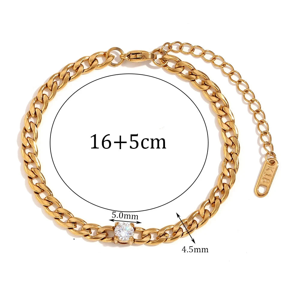 E.B. Pulseira em corrente de zircão Belle-Water Drop para mulheres, pulseira banhada a ouro 18k, aço inoxidável 316L impermeável, acessórios redondos