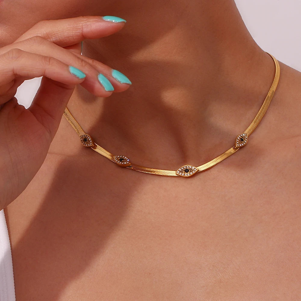 Colar Choker Olho Grego com Zircônia e Ouro 18K