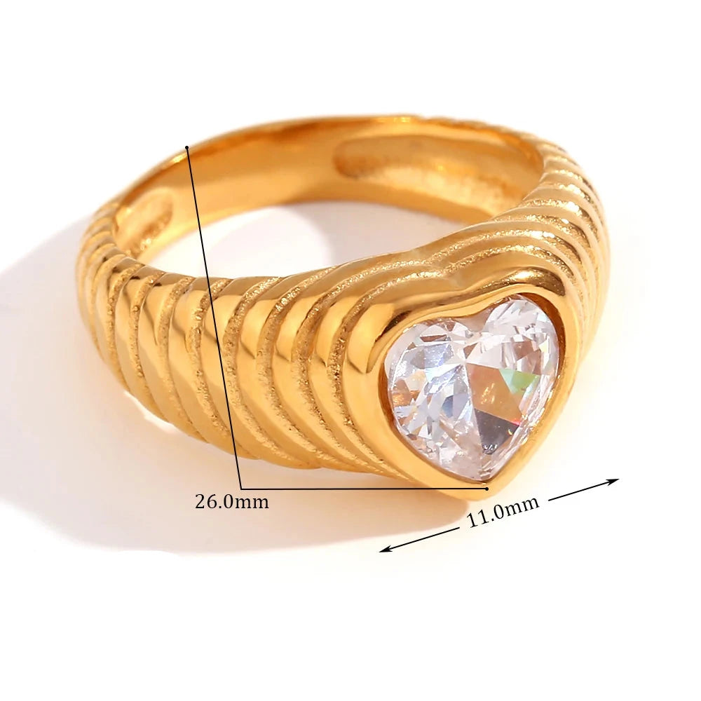 Anel de zircão para mulheres, impermeável, branco brilhante, aço inoxidável 316L, banhado a ouro 18k, jóias da moda