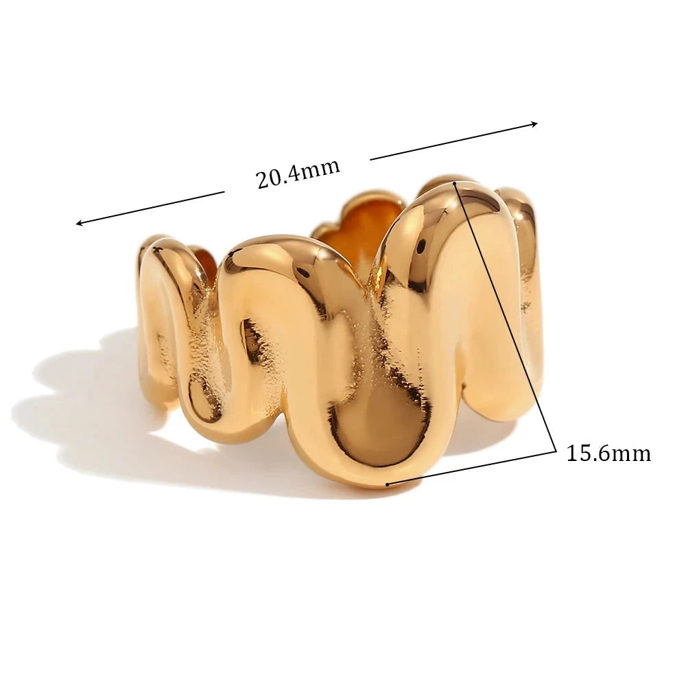 Wave Spring Shaped Open Ring, Resistente à Água, Joia em Aço Inoxidável 316L Hipoalergênica, Decoração Banhada a Ouro 18K