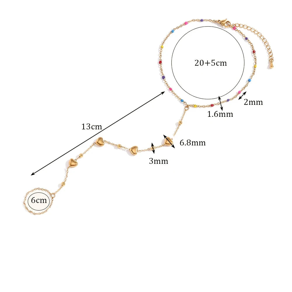 E.B. Belle-contas coloridas coração forma dedo pulseira, aço inoxidável impermeável, 18k banhado a ouro corrente para a senhora, hipoalergênico