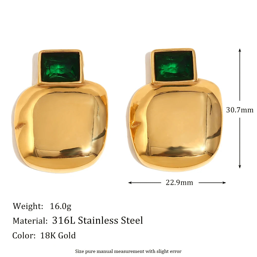 Ebbelle Brinco de zircônia verde formato quadrado brilhante 316L aço inoxidável 18K ouro joias de luxo para mulheres meninas festa charme