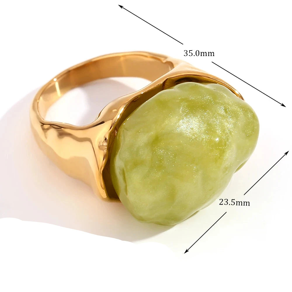 Shiny Acrylic Alien Main Stone Ring para mulheres, resistente à água, anéis banhados a ouro 18k, aço inoxidável 316L, acessórios vintage