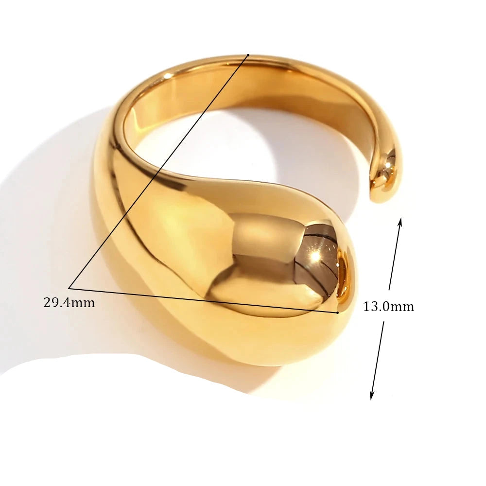 Big Water Drop Head Opening Ring para Mulheres, Decoração de Aço Inoxidável, Sem Tarnish, Banhado a Ouro 18K, Minimalista, 316L