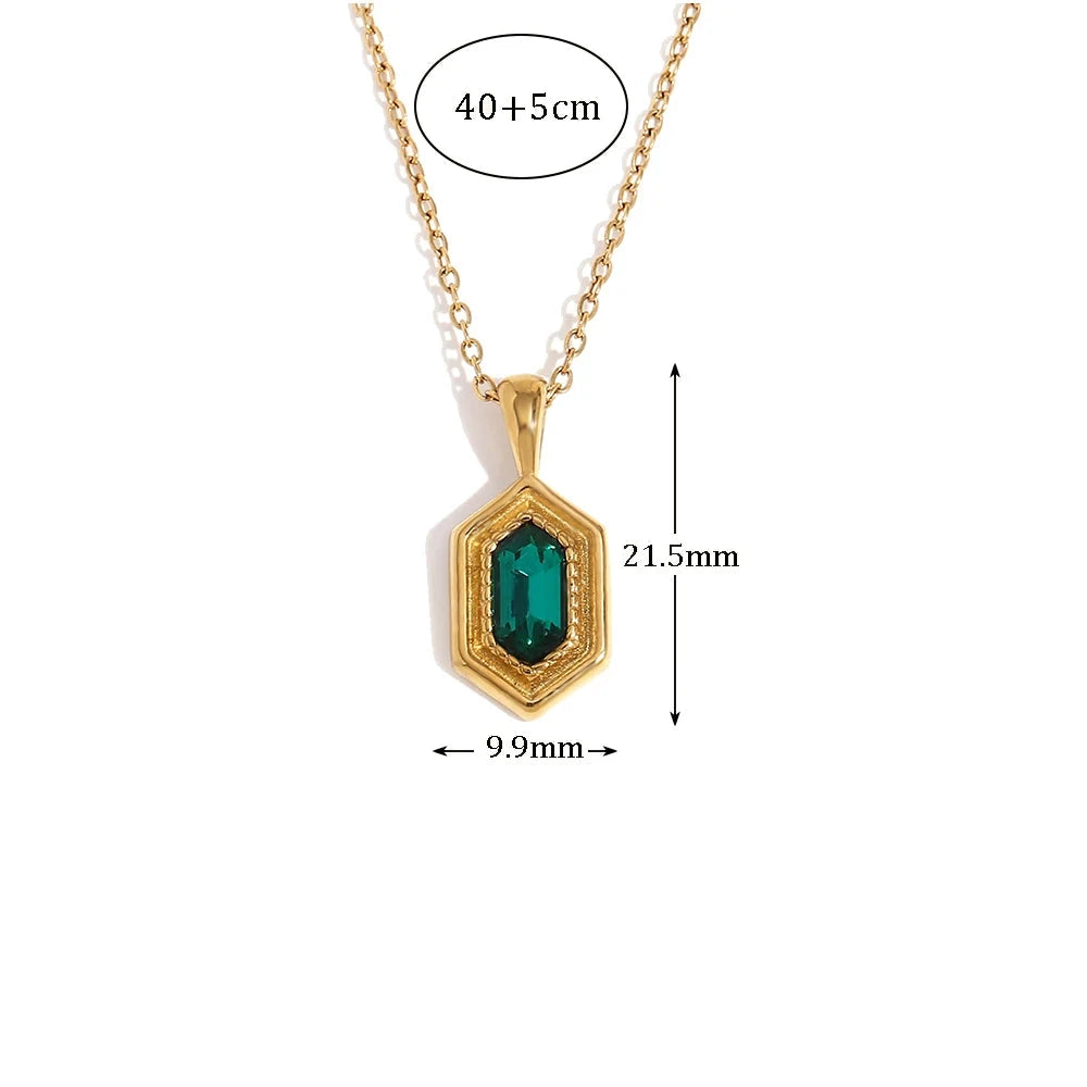 Ebbelle hexagonal verde strass colar estilo retro cor de ouro feminino resistente à água jóias 316l colar de aço inoxidável