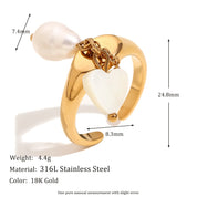 Ebbelle estilo elegante coração pérola borla abertura anel 18k ouro moda feminina jóias de aço inoxidável charme hipoalergênico