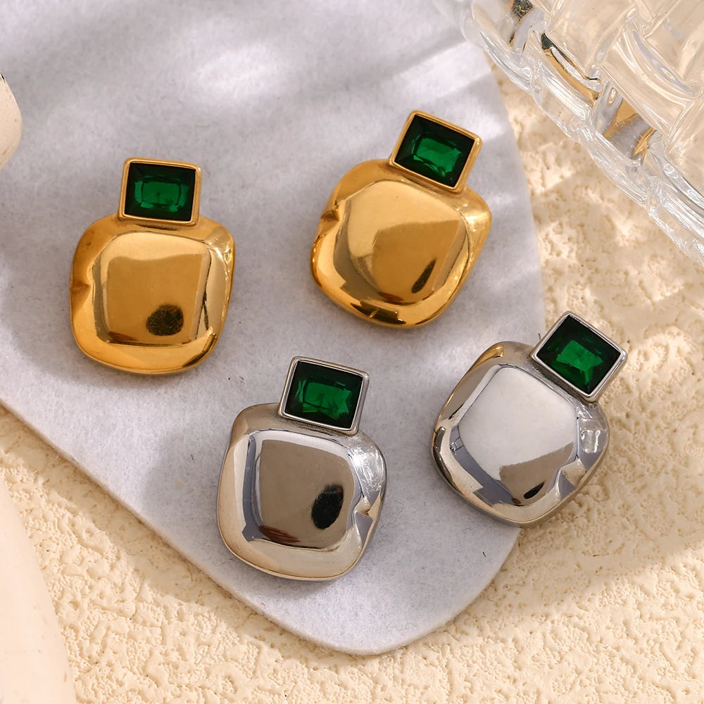 Ebbelle Brinco de zircônia verde formato quadrado brilhante 316L aço inoxidável 18K ouro joias de luxo para mulheres meninas festa charme