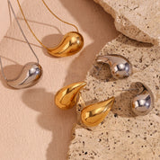 E.B. Belle-Oco Tear Drop Set Brincos, Waterdrop Pingente, Brincos, Aço Inoxidável, Banhado a Ouro 18K Jóias, Marca Luxuru